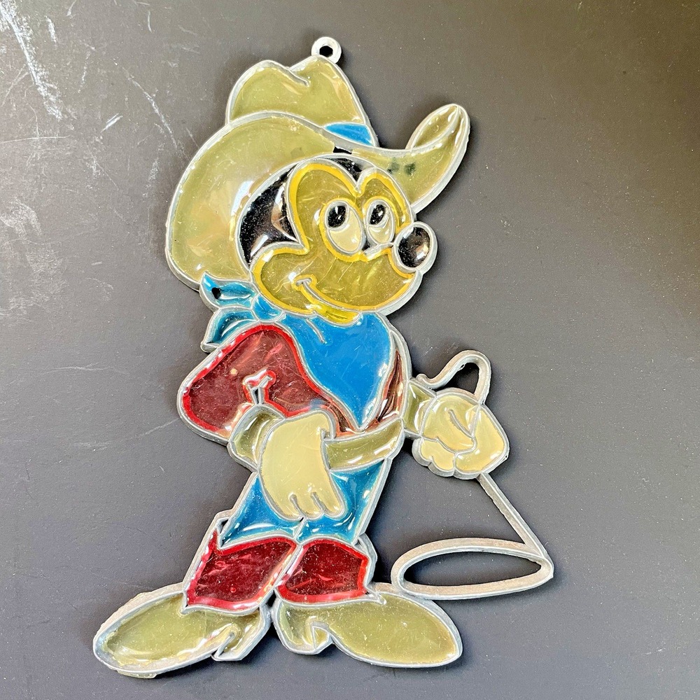 VTG Mickey Mouse Sun Catcher Stained Glass Ornament Western Rodeo Lasso
